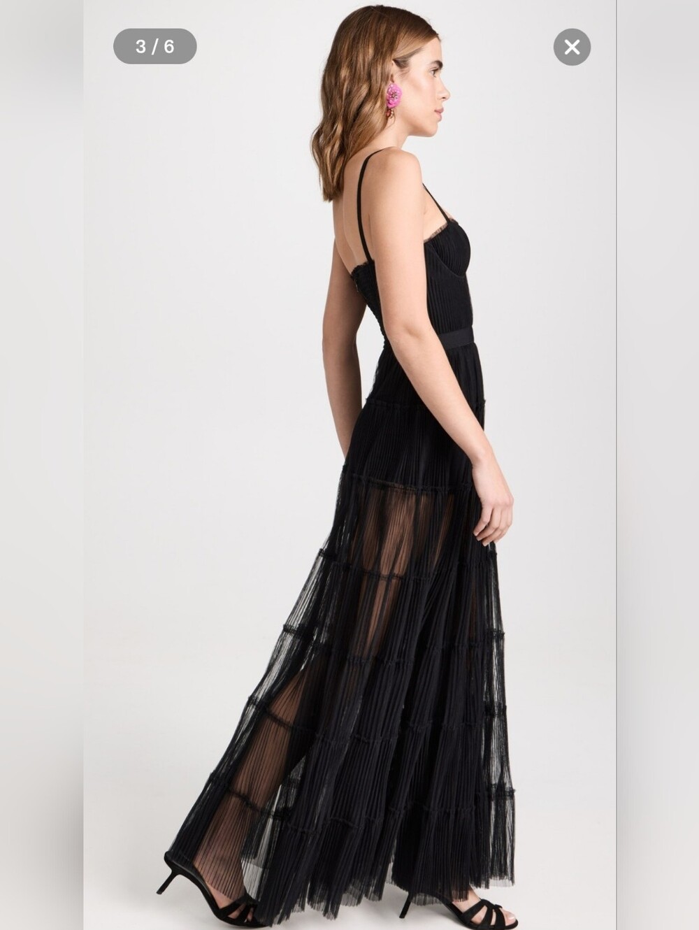 Alice + Olivia Deena Pleated Maxi Dress Black Sheer Tulle Pleated Gown Size 6 - Picture 5 of 15